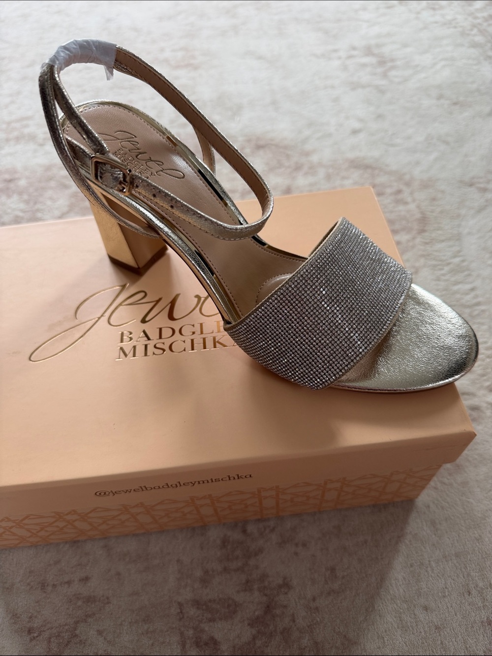 Jewel Badgley Mischka Hattie Gold Crystal Slingback Block Heel Sandal